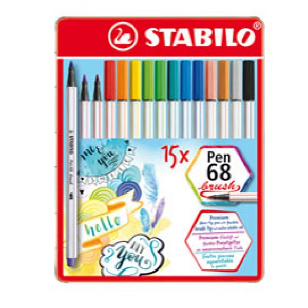 Pennarelli Pen 68 Brush - colori assortiti - Stabilo - scatola metallo 15 pezzi