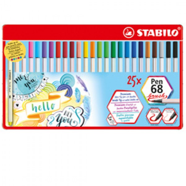 Pennarelli Pen 68 Brush - colori assortiti - Stabilo - scatola metallo 25 pezzi