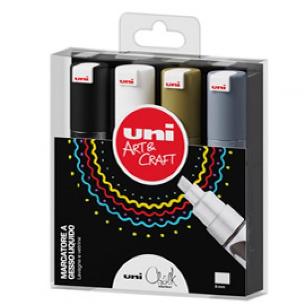 Marcatore a gesso liquido Uni Chalk Marker - punta scalpello 1,80 - 2,50 mm - colori assortiti - Uni Mitsubishi - busta 4 pezzi