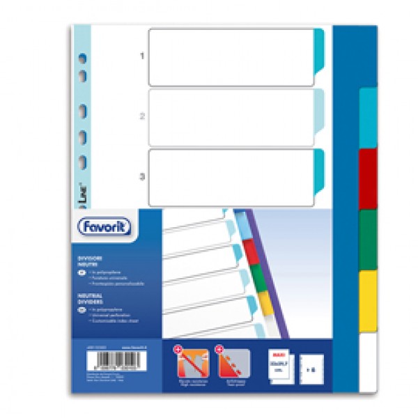 Divisori Neutri a 6 tacche - PP - A4 maxi - colori assortiti - Favorit Divisori Neutri a 6 tacche - PP - A4 maxi - colori assortiti - Favorit