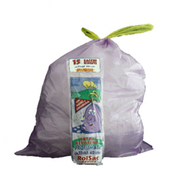 Sacchi - 55 x 65 cm - 44 L - 18 micron - con maniglie - viola - Rolsac - conf. 15 pezzi Sacchi - 55 x 65 cm - 44 L - 18 micron - con maniglie - viola - Rolsac - conf. 15 pezzi