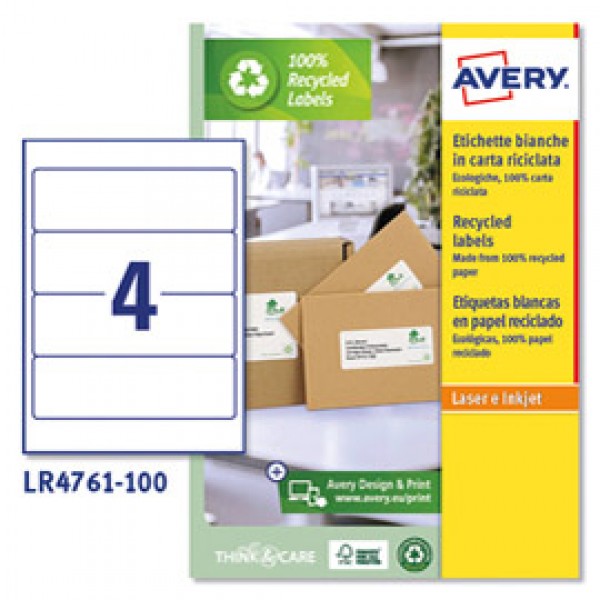 Etichette per raccoglitori in carta riciclata - 61 x192 mm - 4 et/ fg - bianca - laser - Avery - conf. 100 fogli