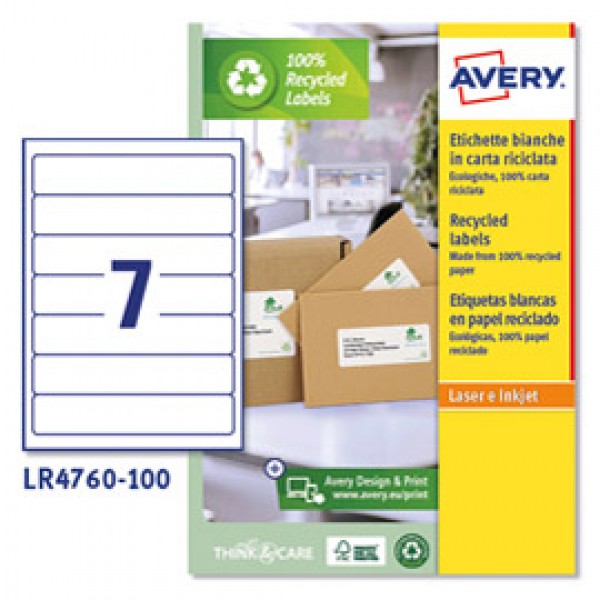 Etichette per raccoglitori carta riciclata - 38 x 192 mm - 7 et/ fg - bianca - laser - Avery - conf. 100 fogli