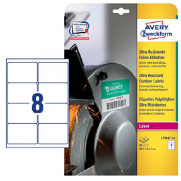 Etichette in polietilene per protezione e sicurezza - 99,1 x 67,7 mm - laser - 10 fogli - 8 et/fg - Avery Etichette in polietilene per protezione e sicurezza - 99,1 x 67,7 mm - laser - 10 fogli - 8 et/fg - Avery