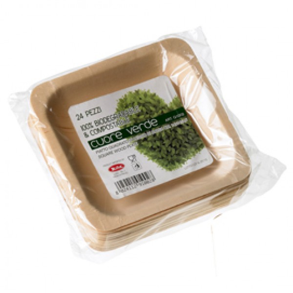 Piatto piano monouso - quadrato - 14 x 14 cm - legno - colore naturale - Leone - conf. 24 pezzi