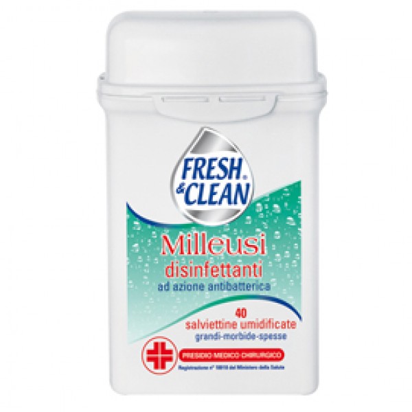Salviette disinfettanti antibatteriche milleusi - Fresh&Clean - barattolo da 40 pezzi Salviette disinfettanti antibatteriche milleusi - Fresh&Clean - barattolo da 40 pezzi