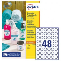 Etichette adesive L4850 - carta bianca - rimovibile - adatta per stampati laser/inkjet - Ø 25 mm - 48 etichette per foglio - Avery - conf. 25 fogli A4