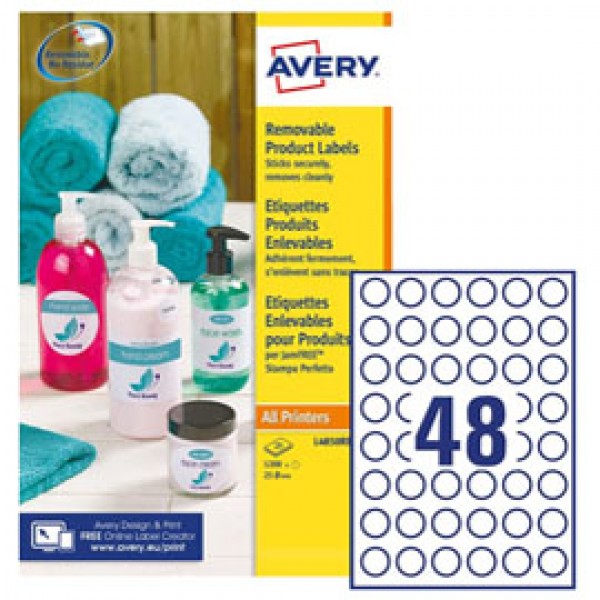 Etichette adesive L4850 - carta bianca - rimovibile - adatta per stampati laser/inkjet - Ø 25 mm - 48 etichette per foglio - Avery - conf. 25 fogli A4 Etichette adesive L4850 - carta bianca - rimovibile - adatta per stampati laser/inkjet - Ø 25 mm - 48 etichette per foglio - Avery - conf. 25 fogli A4