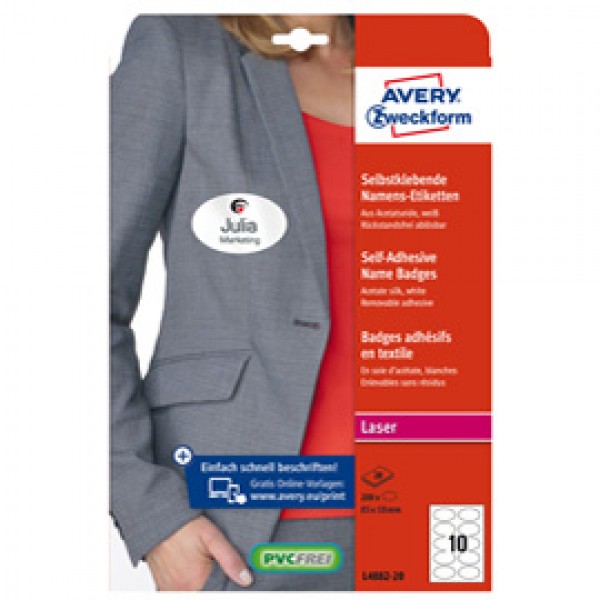 Etichette badge per tessuti ovali - 85 x 50 mm - 20 fogli (10 et/fg) - laser - Avery