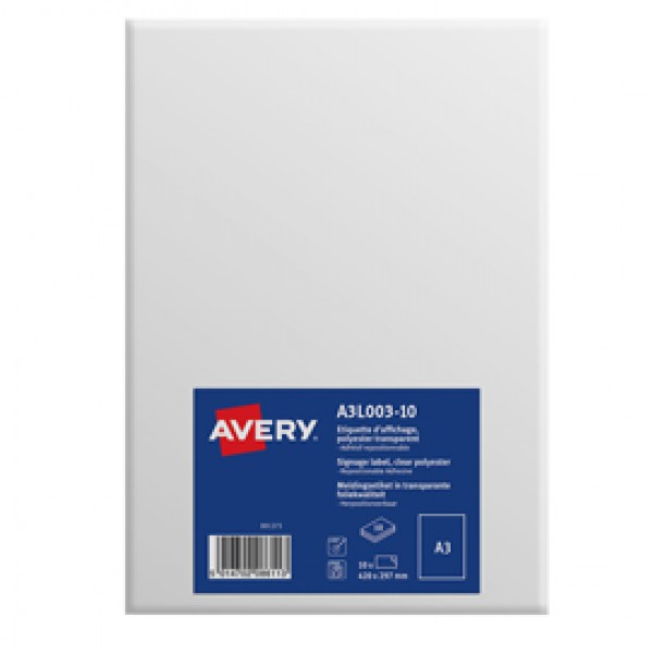 Etichette in poliestere - rimovibili - autoaderenti - A3 - 1 etichetta per foglio - trasparente - Avery - conf. 10 fogli
