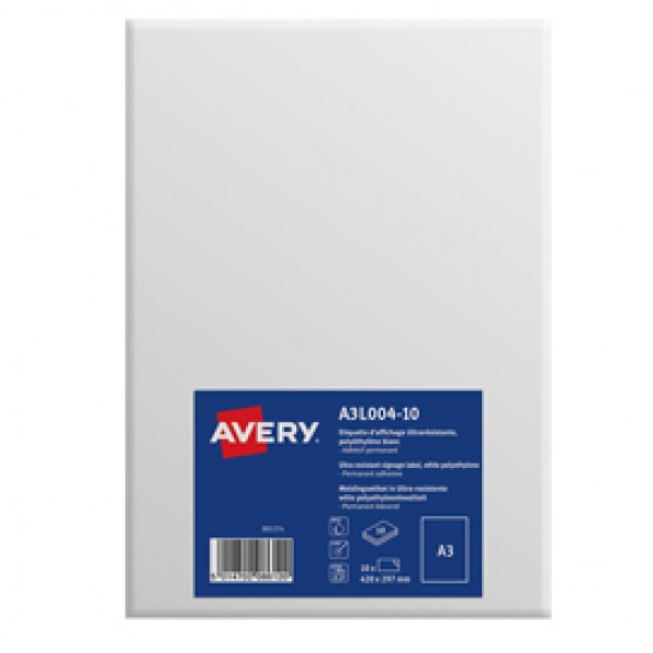 Etichette in polietilene bianco opaco - permanente - A3 (1 et/fg) - 10 fogli - Avery