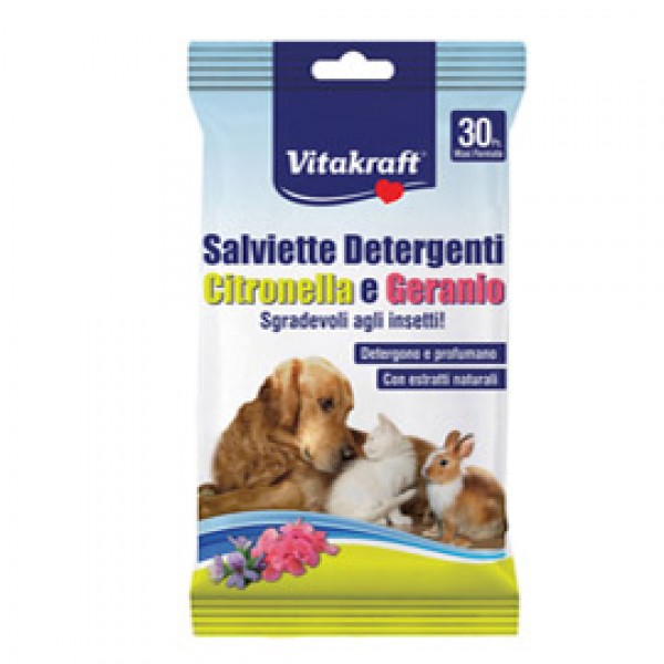 Salviette detergenti per pelo di animali (cani, gatti, roditori) - citronella e geranio - Vitakraft - conf. 30 pezzi Salviette detergenti per pelo di animali (cani, gatti, roditori) - citronella e geranio - Vitakraft - conf. 30 pezzi