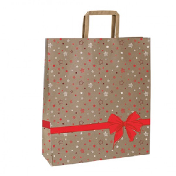 Shoppers - maniglie piattina - 26 x 11 x 34,5 cm - carta kraft - stars rosso - Mainetti Bags - conf. 25 pezzi