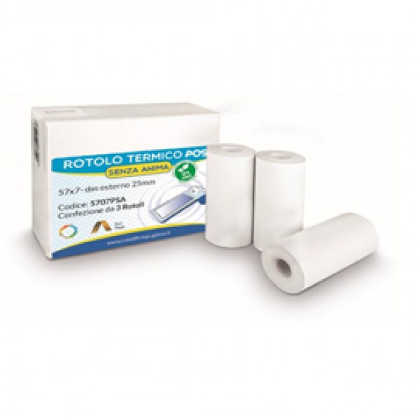 Rotolo per POS e carte di credito - carta termica BPA free - 57 mm x 7 mt - 55 g/m² - diametro esterno 25 mm - senza anima - Rotolificio Pugliese - blister 3 pezzi Rotolo per POS e carte di credito - carta termica BPA free - 57 mm x 7 mt - 55 g/m² - diametro esterno 25 mm - senza anima - Rotolificio Pugliese - blister 3 pezzi