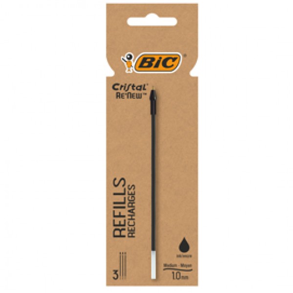 Refill sfera Cristal® Re'New - punta 1 mm - nero - BIC® - blister 3 pezzi