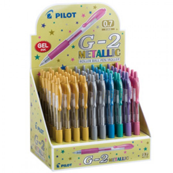Roller gel scatto G-2 - 0,7 mm - colori assortiti metallic - Pilot - Display 60 pezzi Roller gel scatto G-2 - 0,7 mm - colori assortiti metallic - Pilot - Display 60 pezzi