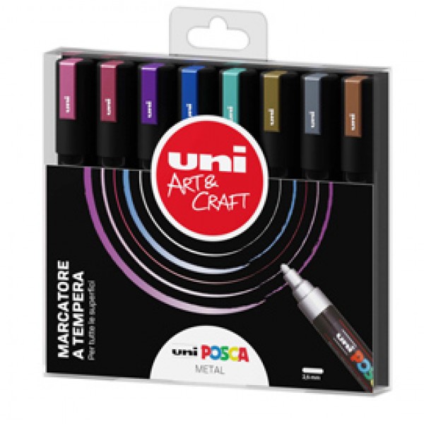 Marcatore Uni Posca PC5M - punta media 1,8-2,5 mm - colori assortiti metal - Uni Mitsubishi - conf. 8 pezzi Marcatore Uni Posca PC5M - punta media 1,8-2,5 mm - colori assortiti metal - Uni Mitsubishi - conf. 8 pezzi