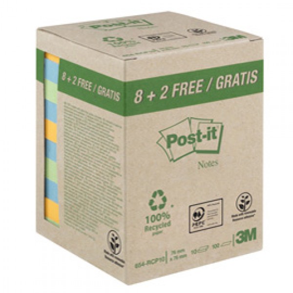 Blocco foglietti Post-it® - 654-RCP10 - 76 x 76 mm - carta riciciclata - colori pastel - 100 fogli - Post-it® - conf. 10 pezzi