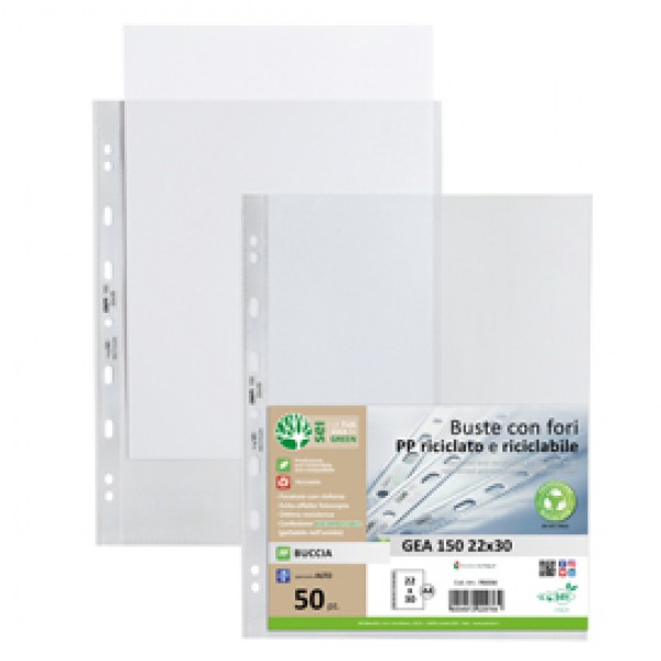 Buste forate Gea 150 - PP riciclato - buccia pesante - 22 x 30 cm - Sei rota - conf. 50 pezzi Buste forate Gea 150 - PP riciclato - buccia pesante - 22 x 30 cm - Sei rota - conf. 50 pezzi