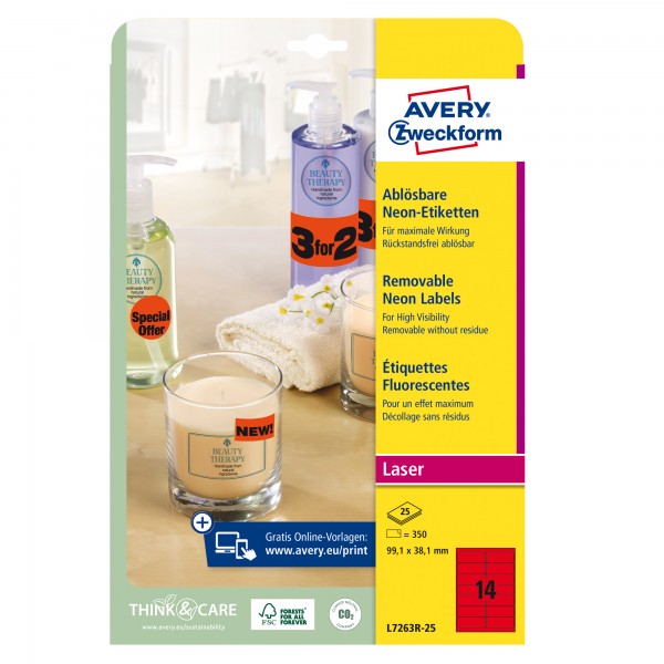 Etichette fluorescenti rimovibili laser - 99,1 x 38,1 mm - rosso - Avery - conf. 25 fogli