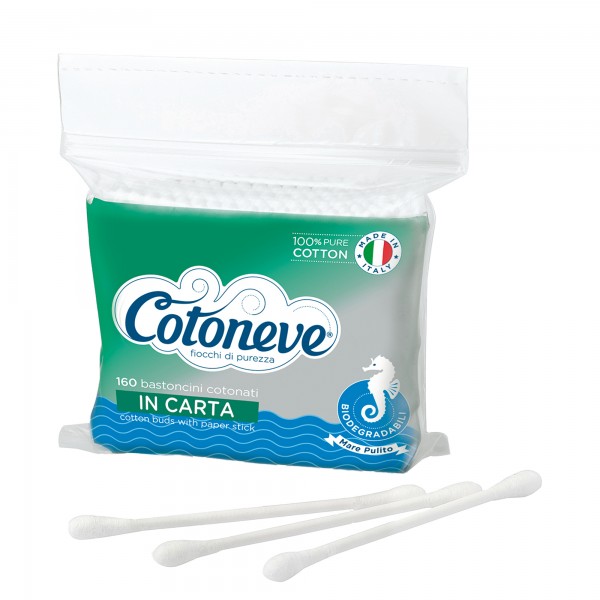 Bastoncini puliorecchie cotonati - carta biodegradabile - Cotoneve - busta da 160 pezzi Bastoncini puliorecchie cotonati - carta biodegradabile - Cotoneve - busta da 160 pezzi