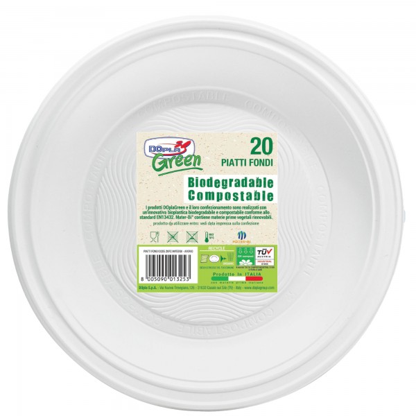 Piatto fondo monouso - rotondo - diametro 22 cm - Mater-Bi - avorio - Dopla Green - conf. 20 pezzi