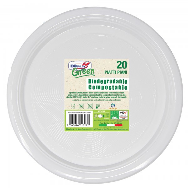 Piatto piano monouso - rotondo - diametro 22 cm - Mater-Bi - avorio - Dopla Green - conf. 20 pezzi Piatto piano monouso - rotondo - diametro 22 cm - Mater-Bi - avorio - Dopla Green - conf. 20 pezzi