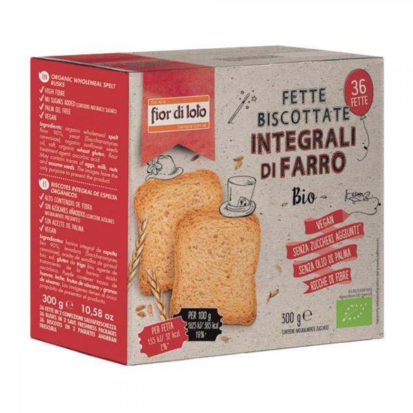 Fette biscottate integrali al farro - 300 gr - Fior di Loto - conf. 36 pezzi Fette biscottate integrali al farro - 300 gr - Fior di Loto - conf. 36 pezzi