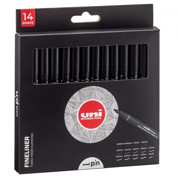 Astuccio Pin fineliner - nero - 14 gradazioni - Uni Mitsubishi - conf. 14 pezzi Astuccio Pin fineliner - nero - 14 gradazioni - Uni Mitsubishi - conf. 14 pezzi