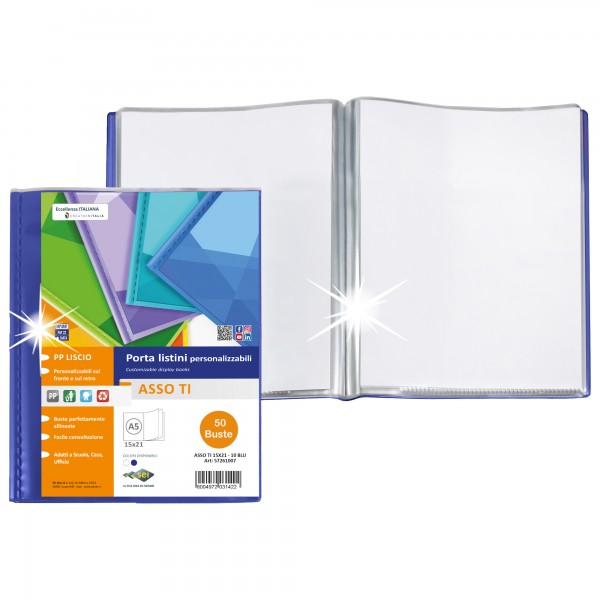 Portalistini Asso TI - personalizzabile - PP liscio - 15 x 21 cm - 50 buste - blu - Sei Rota Portalistini Asso TI - personalizzabile - PP liscio - 15 x 21 cm - 50 buste - blu - Sei Rota
