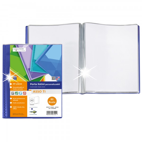 Portalistini Asso TI - personalizzabile - PP liscio - 15 x 21 cm - 80 buste - blu - Sei Rota Portalistini Asso TI - personalizzabile - PP liscio - 15 x 21 cm - 80 buste - blu - Sei Rota