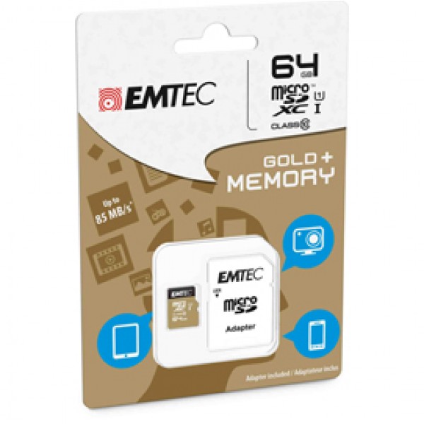 Emtec - Micro SDXC Class 10 Gold + con Adattatore - ECMSDM64GXC10GP - 64GB Emtec - Micro SDXC Class 10 Gold + con Adattatore - ECMSDM64GXC10GP - 64GB