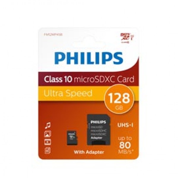 Philips - Micro SDXC Card - 128 GB - classe 10 - adattatore incluso