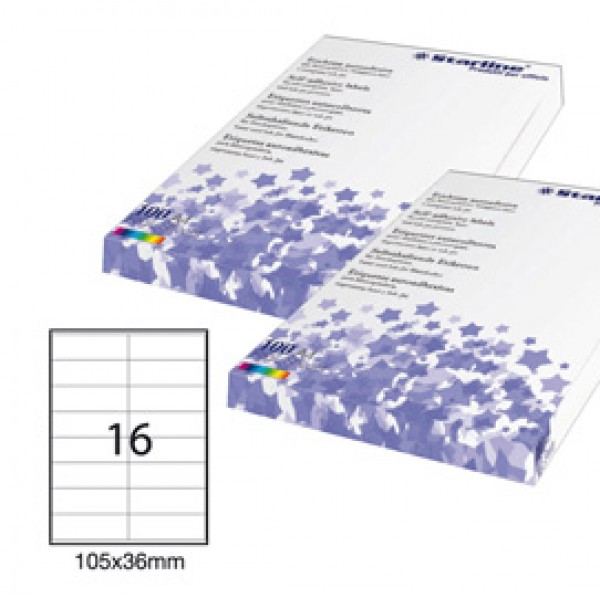 Etichetta adesiva - permanente - 105x36 mm - 16 etichette per foglio - bianco - Starline - conf. 100 fogli A4 Etichetta adesiva - permanente - 105x36 mm - 16 etichette per foglio - bianco - Starline - conf. 100 fogli A4