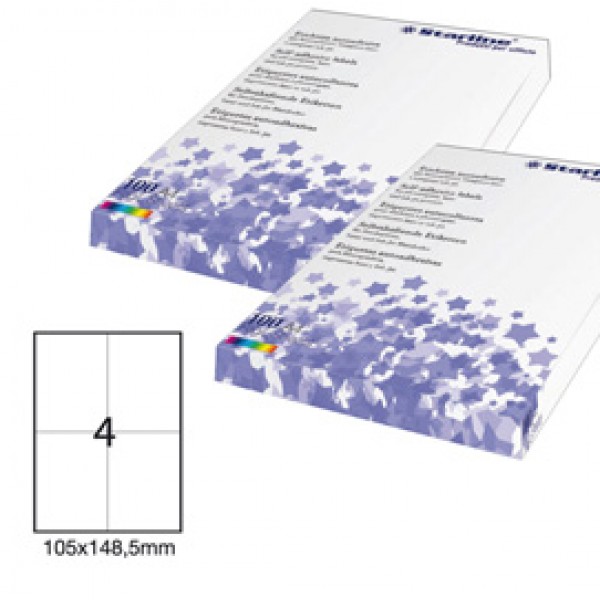 Etichetta adesiva - permanente - 105x148,5 mm - 4 etichette per foglio - bianco - Starline - conf. 100 fogli A4 Etichetta adesiva - permanente - 105x148,5 mm - 4 etichette per foglio - bianco - Starline - conf. 100 fogli A4
