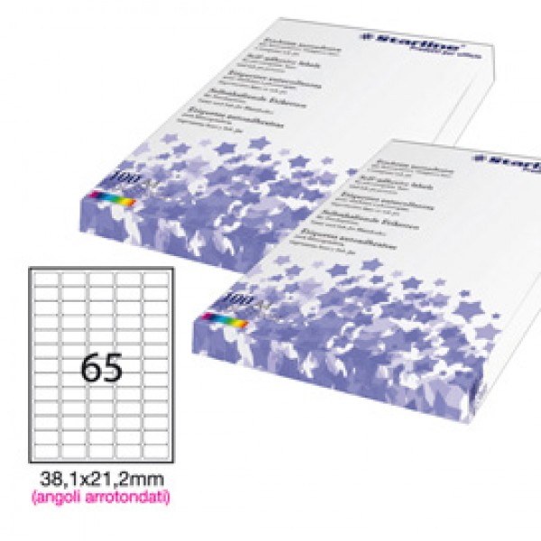 Etichetta adesiva - permanente - 38,1x21,2 mm - angoli tondi - 65 etichette per foglio - bianco - Starline - conf. 100 fogli A4