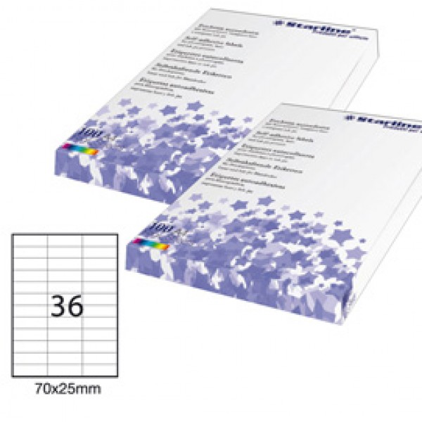 Etichetta adesiva - permanente - 70x25 mm - 36 etichette per foglio - bianco - Starline - conf. 100 fogli A4 Etichetta adesiva - permanente - 70x25 mm - 36 etichette per foglio - bianco - Starline - conf. 100 fogli A4