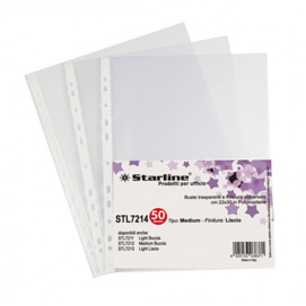 Buste forate Medium - liscio - 22 x 30 cm - trasparente - Starline - conf. 50 pezzi Buste forate Medium - liscio - 22 x 30 cm - trasparente - Starline - conf. 50 pezzi