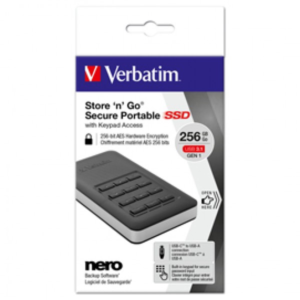 Verbatim - Memoria SSD portatile Store 'N'Go Usb 3.1 - con tastierino numerico - 53402 - 256GB Verbatim - Memoria SSD portatile Store 'N'Go Usb 3.1 - con tastierino numerico - 53402 - 256GB