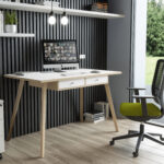 Postazione Home-Office - con sottopiano - gambe in legno -120 x 60 x H 74,4 cm - bianco / rovere - immagine 2