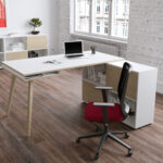 Workstation Midi - gambe in legno - 130 x 120 x H 81,5 cm - bianco / rovere - immagine 2