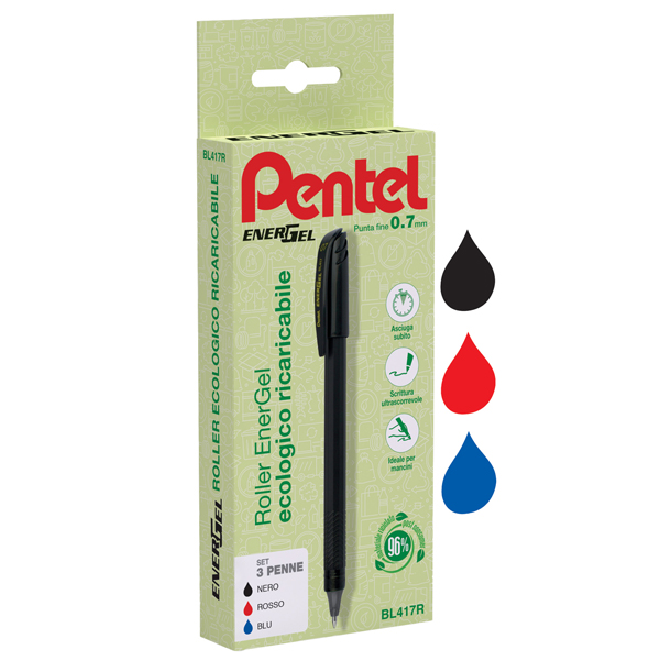 MD_100011 Roller Energel Recycology 96% - punta 0,7 mm - nero/rosso/blu - Pentel - conf. 3 pezzi - immagine 1