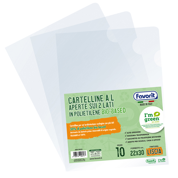 MD_100216 Cartellina a L BioBased - 22 x 30 cm - PE riciclato - liscio pesante - trasparente - Favorit - conf. 10 pezzi - immagine 1
