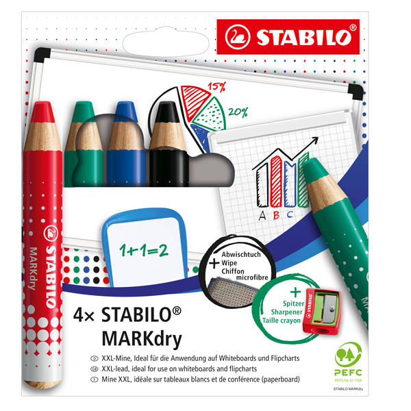 MD_100529 Matitoni MARKdry per lavagne - con temperino e panno microfibra - Stabilo - astuccio 4 pezzi - immagine 1