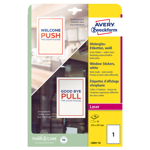 MD_100676 Etichette adesive per finestre - in carta - con pellicola - laser - rimovibili - 210 x 297 mm - 1et/fg - 10 fogli - bianco - Avery - immagine 1