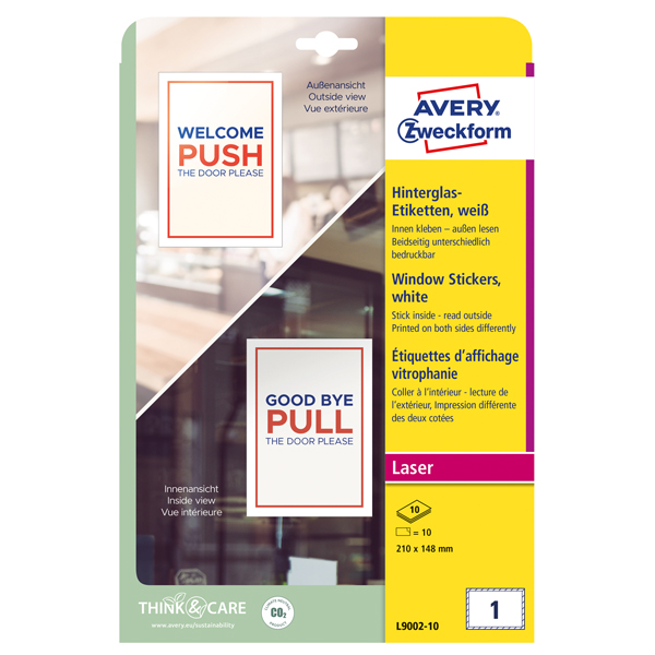 MD_100677 Etichette adesive per finestre - in carta - con pellicola - laser - rimovibili - 210 x 148 mm - 1et/fg - 10 fogli - bianco - Avery - immagine 1