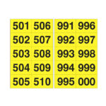 Numero adesivo da 501 a 999 - 45 x 24 mm - 10 et/fg - 50 fogli - nero/giallo
