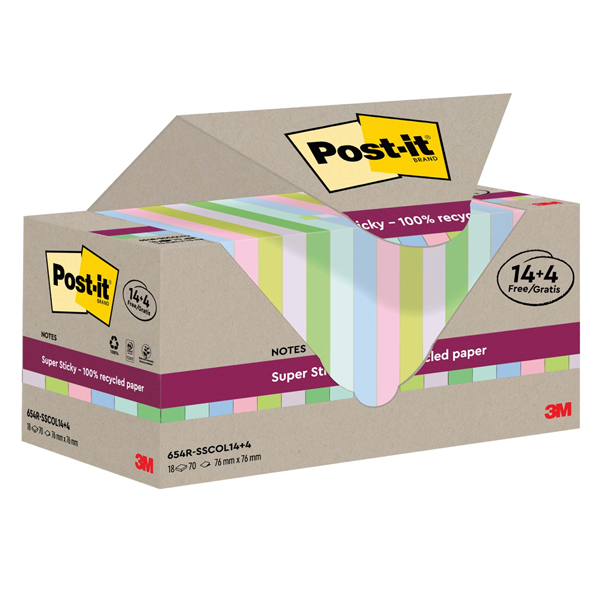 MD_101860 Blocco foglietti Post-it SuperSticky Green - SSCOL14+4 - 76 x 76 mm - carta riciclata - colori pastello assortiti - 70 fogli - Post-it - conf. 18 blocchi - immagine 1