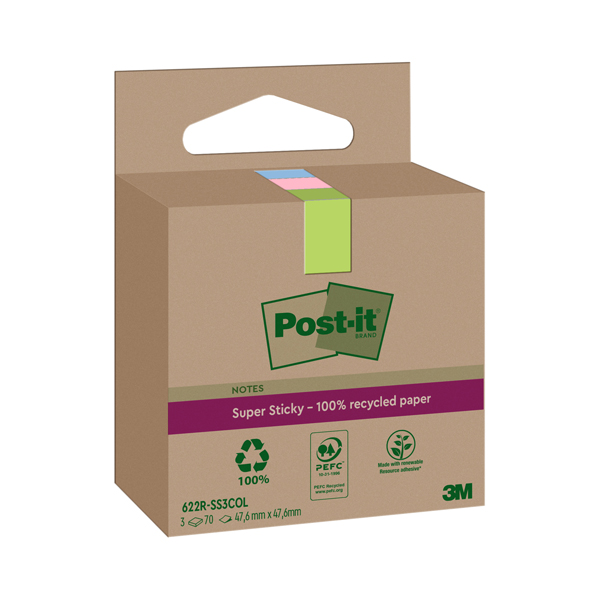 MD_101864 Blocco foglietti Post-it SuperSticky Green - 622R-SS3COL - 47,6 x 47,6 mm - carta riciclata - colori pastello assortiti - 70 fogli - Post-it - conf. 3 blocchi - immagine 1