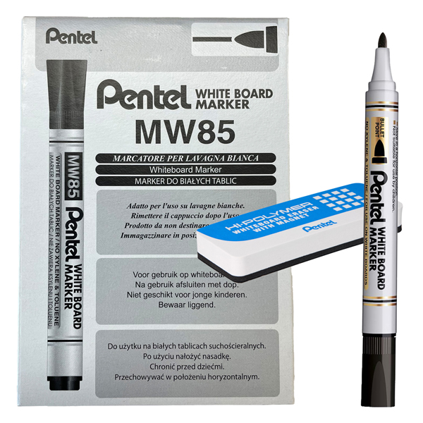 MD_103082 Marcatore white board MW85 - nero - Pentel - bundle 12 pezzi + cancellino magnetico - immagine 1